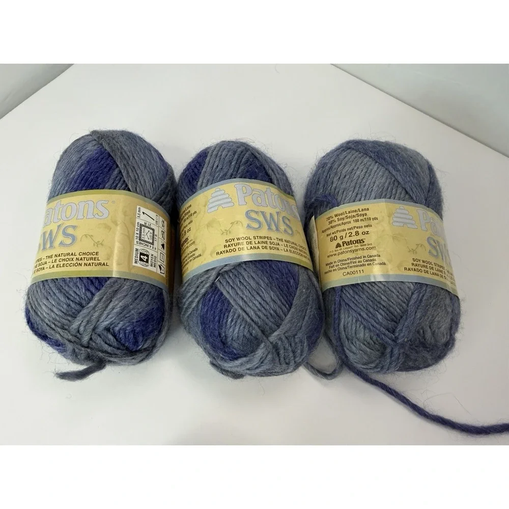 Patons SWS Yarn Natural Denim 70117 Soy Wool Stripes Lot Of 3 80g Each